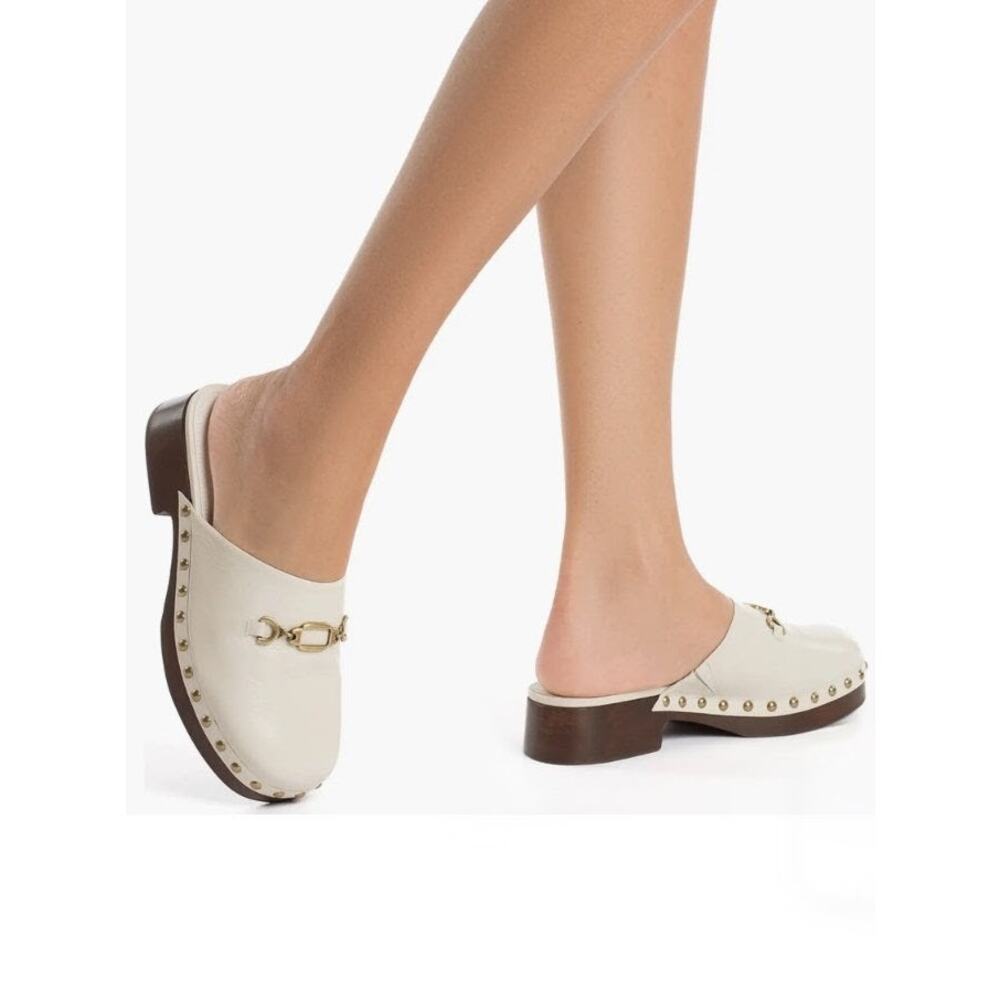 Ivory Leather Horsebit Mule Clog Studded Wood Heel Old Money Luxury Sz 6 NEW